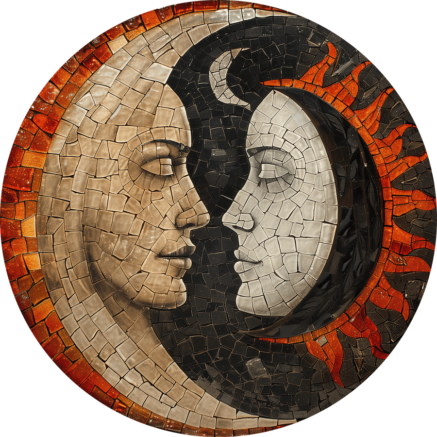 A light face and a dark face in profile, meeting within a sun-fire mosaic